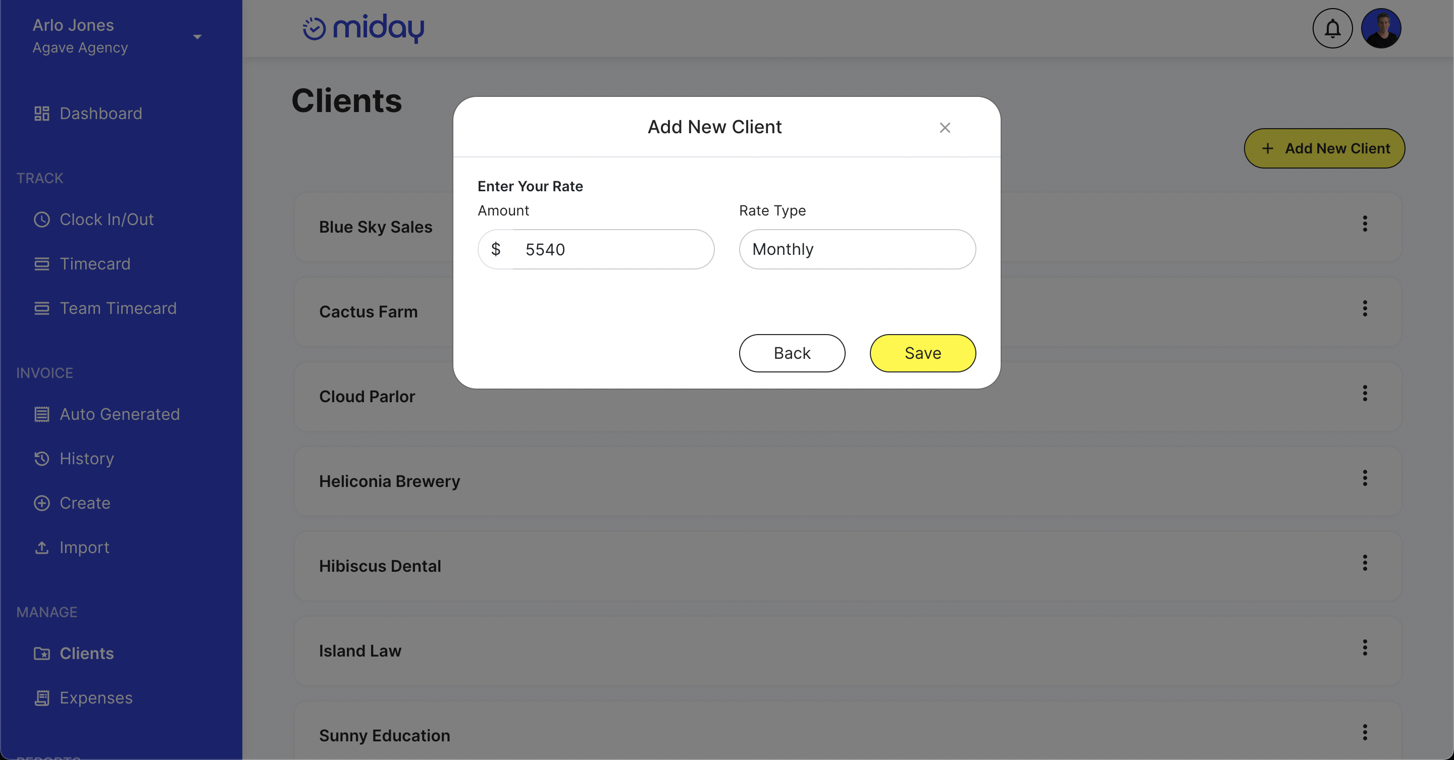 Screenshot of the fifth miday prompt asking the user to enter a billable rate for the client.