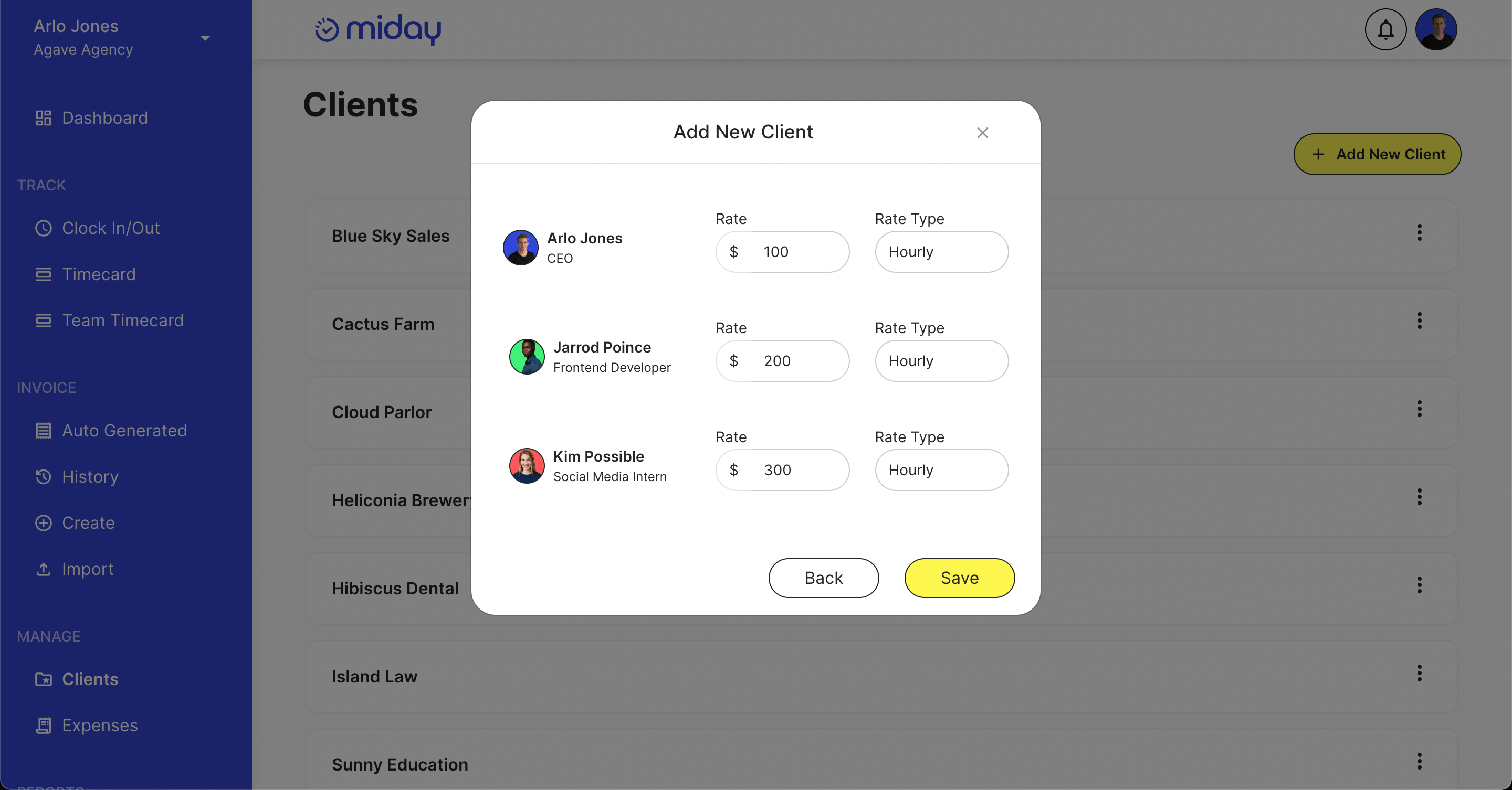 Screenshot of the fifth miday prompt asking the user to enter billable rates for each team member.