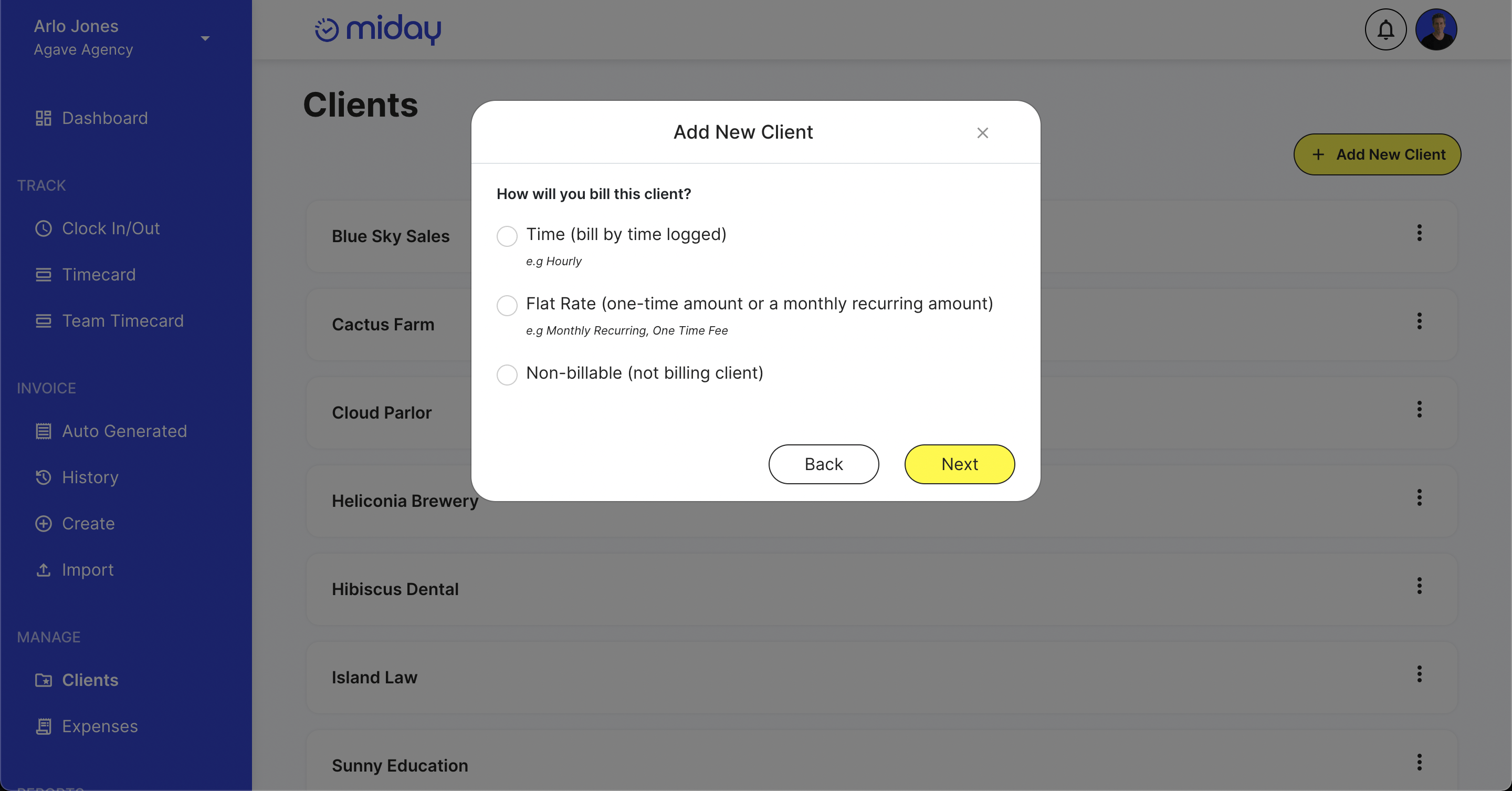 Screenshot of the fourth miday prompt asking the user to selected a billing type.