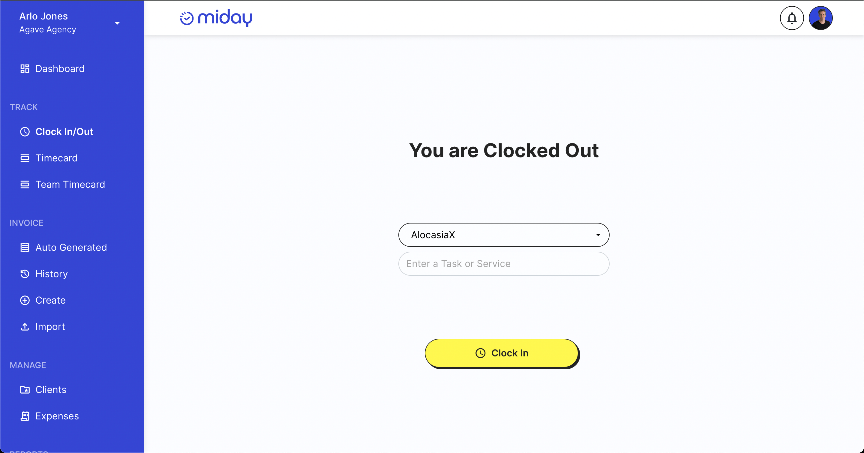 Screenshot of the clock-in/out page displaying the newly created client is available to be clocked into to.