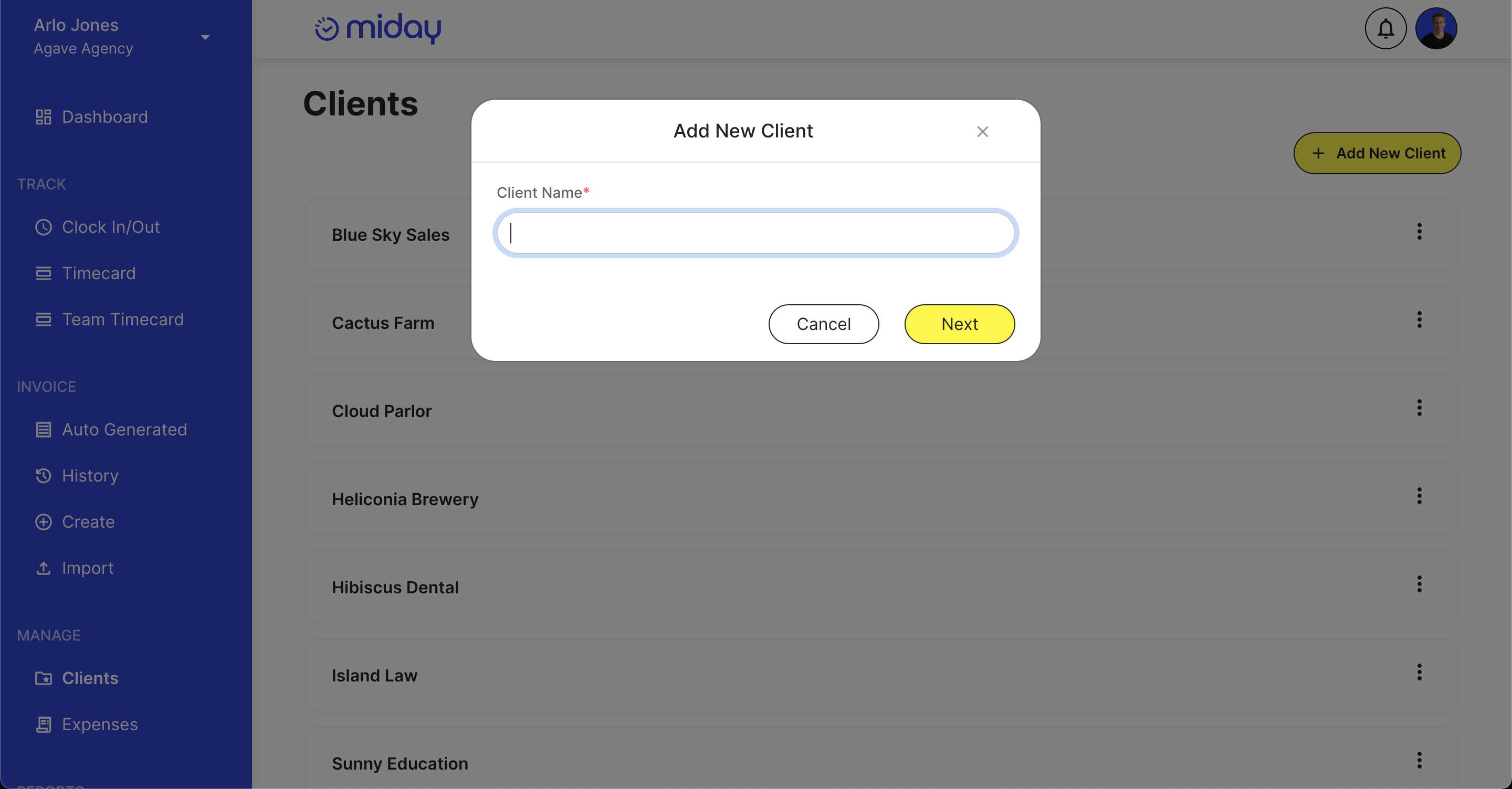 Screenshot of the first miday prompt asking the user to enter a client name.