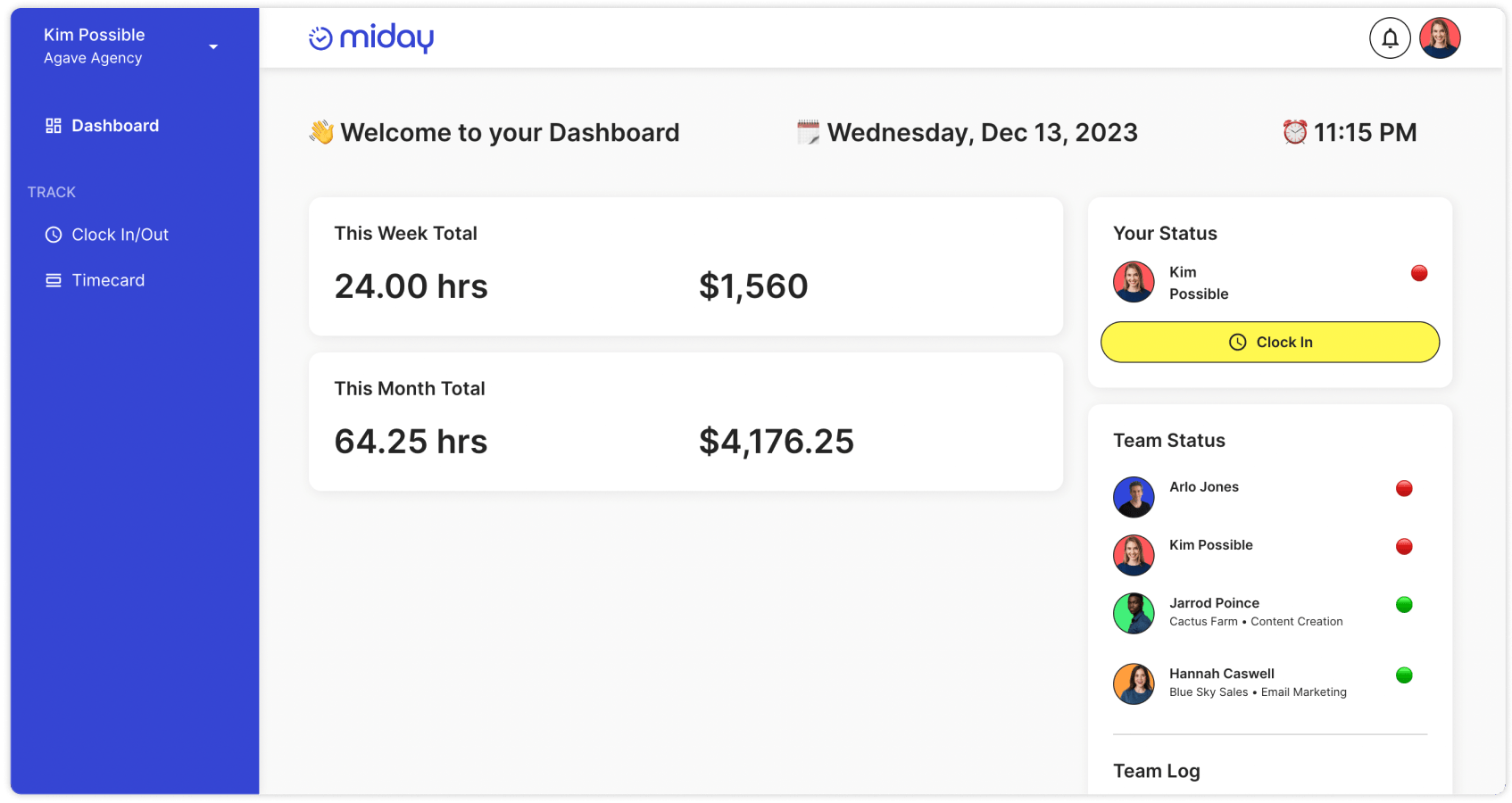 Miday Time Tracking Page
