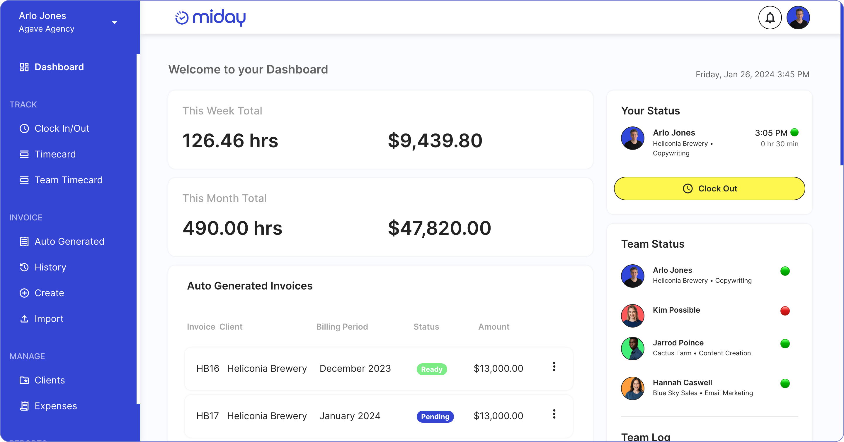 SaaS Time Tracking & Invoicing App Dashboard