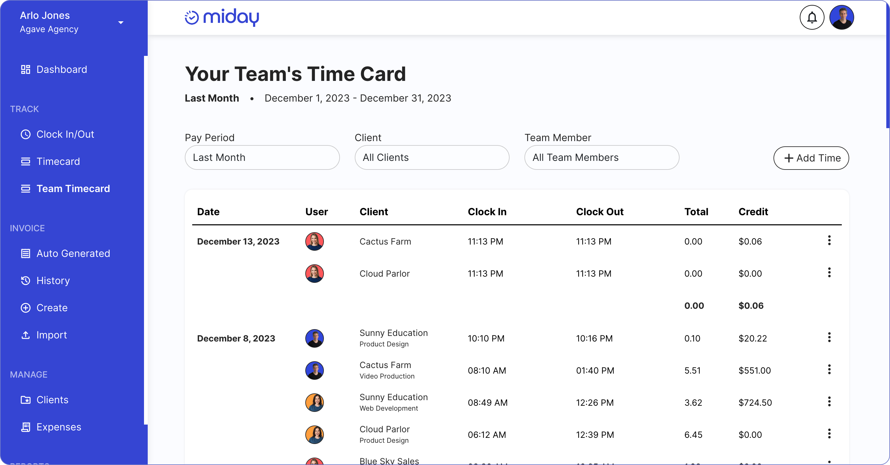 Time tracking team timecard page and table